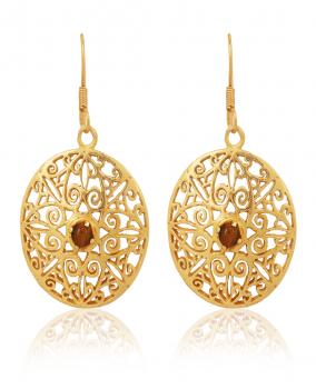 Nickel Free Gold Plated Designer Earring - Garnet Stone Seated 